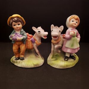 Norleans Figurines Boy and Girl with Donkeys Carrying Fruit Vintage